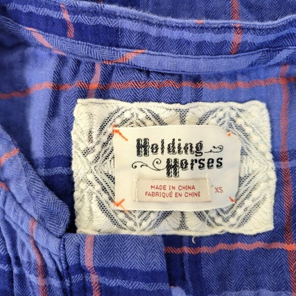 Holding Horses Blue Plaid Long High Low Shirt Tunic - Picture 3 of 4